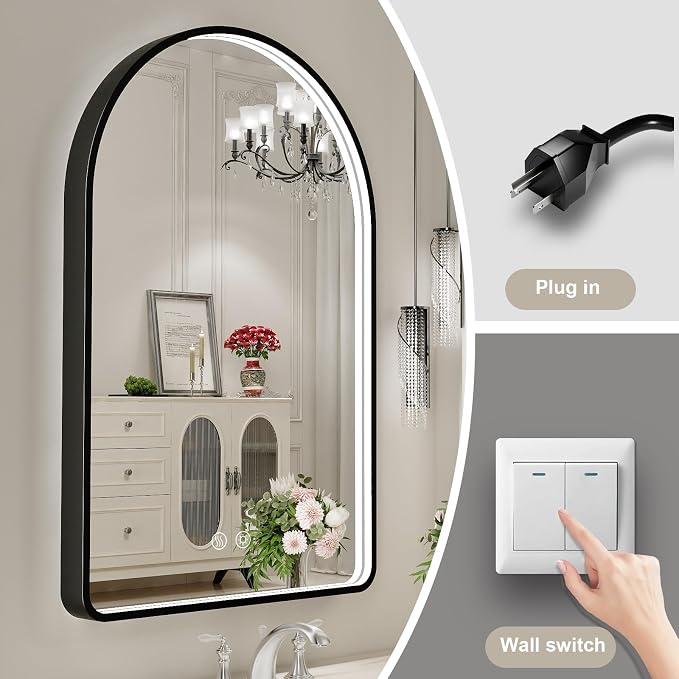 20X30 Inch Black Framed Arched LED Lighted Bathroom Mirror,3 Color | ETL Listed,Anti-Fog,3000K/4500K/6000K Dimmable,Horizontal & Vertical,Memory Function,Ideal for Bathroom Lighted,Vanity