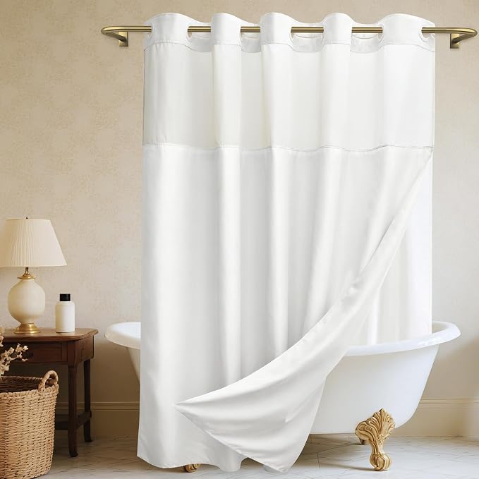 WONICY No Hook Linen Look Shower Curtain with Snap-in Liner, White, 71 x 80 | Ringless, Waterproof & Washable, Hotel Style, Mesh Top Window, Bottom Magnets, Thick, Farmhouse, for Bathroom