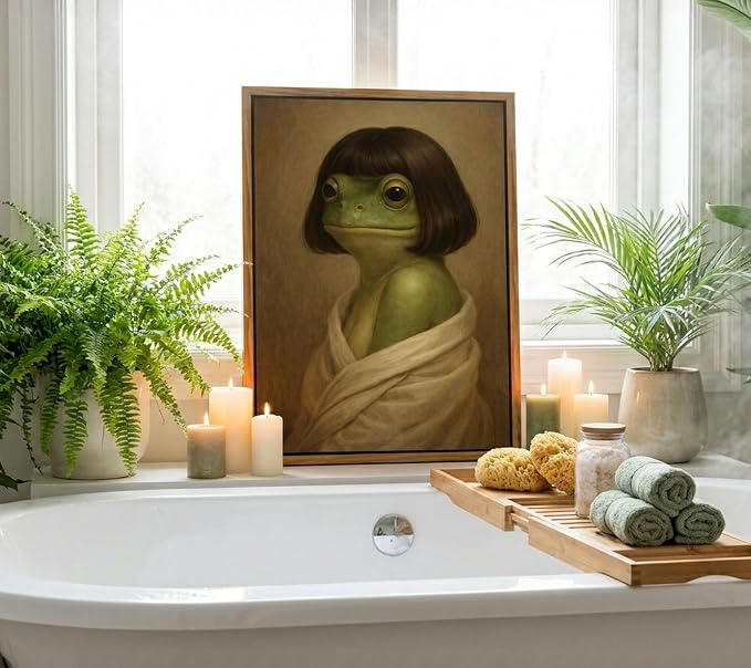 Floating Framed Whimsical Frog Canvas Wall Art, Funny Bathroom Frog Wall Decor, Eclectic Animal Print Poster, Vintage Abstract Animal Picture Artwork for Bathroom, Bedroom Home Decoration, 12x16in