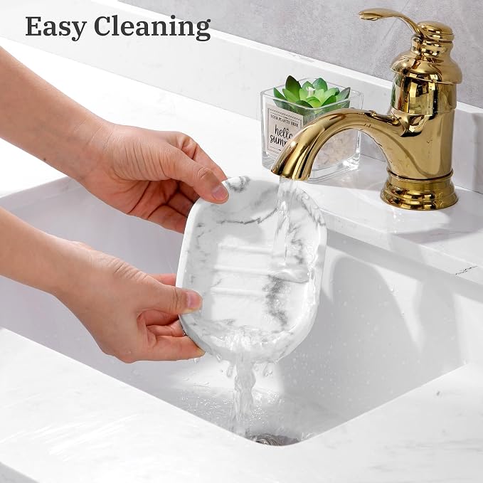Luxspire Oval Soap Dish, Raised Bar Holder with Drainage, Gravel White | Resin soap container with elevated design for drainage, Compact size for bathroom sink and kitchen counter organization