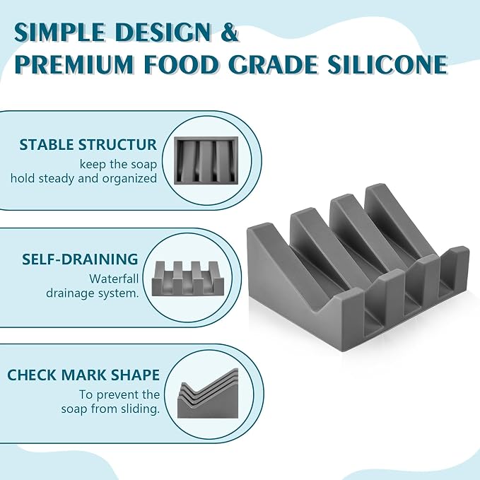 Self Draining Soap Dish Holder,Silicone Soap Dish,for Bathroom,Kitchen, Sponges，Can Extend Soap Life，Keep Soap Bars Dry and Easy Cleaning (N-Grey,4-Pack)