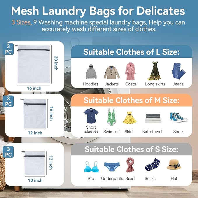 9Pcs Mesh Laundry Bags for Delicates, Laundry Bags Mesh Wash Bags,Lingerie Bags for Washing Delicates, Garment Bag for Washing Machine (3 Large,3 Medium,3 Small)