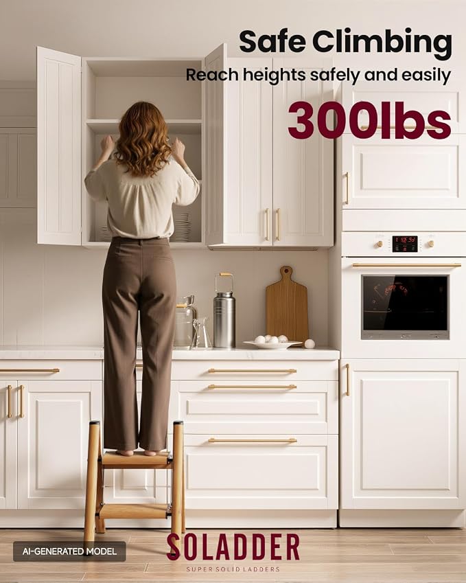 2 Step Ladder, Lightweight Folding Step Stool, Woodgrain | Anti-Slip 7.9'' Wide Pedal;Space-Saving;For Kitchen, Home, Library, Office Use;300lbs Capacity