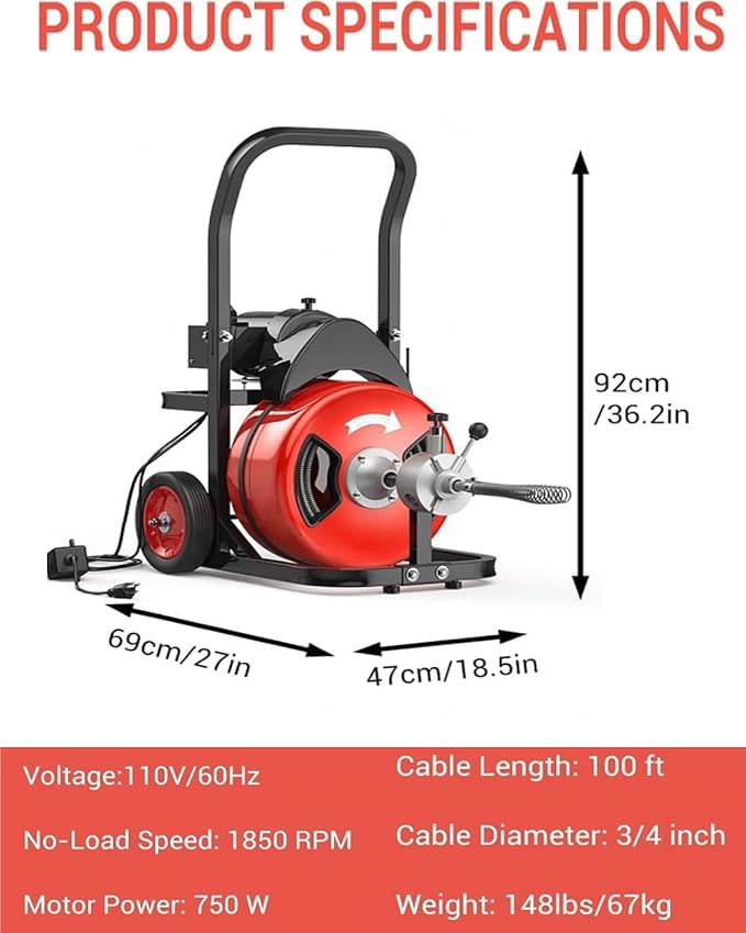 100Ft 3/4 Inch Drain Cleaning Machine. Sewer Snake 750w Auto Feed | Portable Drain Cleaning Machine with 6 Cutter Electric Drain Auger Sewer Auger Air-Activated Foot Switch for 4" to 8" Pipes