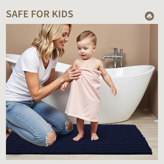 Bathroom Rugs Non Slip Washable 70x24, Extra Thick Soft Chenille Absorbent Bath Mat, High Density Barrier Non Slip Backing, Quick Dry Plush Shaggy Floor Carpet for Tub&Shower, Navy