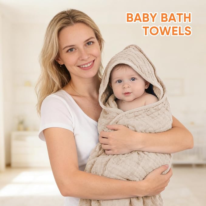 MIGIOL Muslin Hooded Baby Towels 100% Cotton ，Super Soft Muslin Baby Bath Towel - 32 x 32 Inches, Suitable for Newborn and Young Children up to 3 Years Old. (Beige & Coffee)