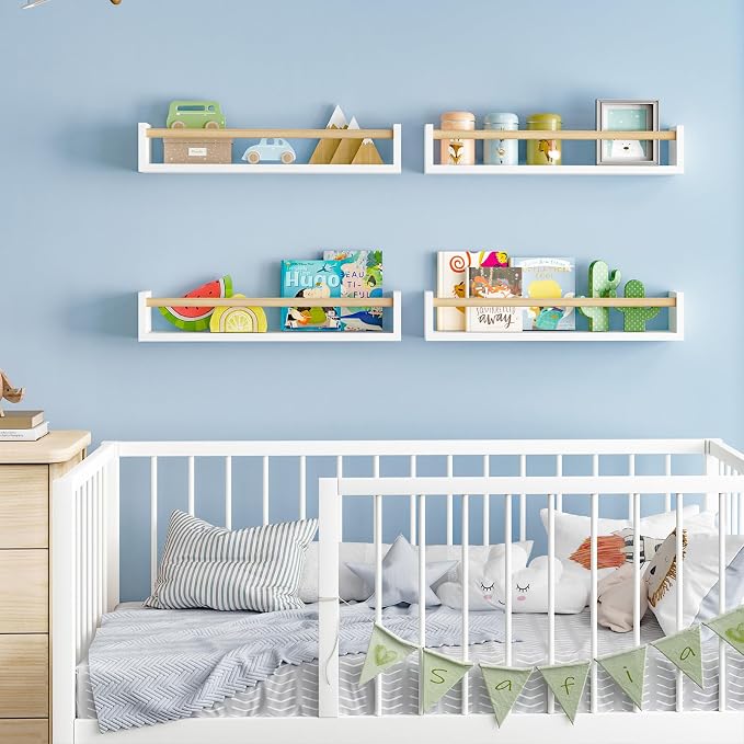 Fixwal Floating Nursery Book Shelves for Wall, 23.6in, Set of 4, White | Solid wood shelves store kids' books, toys and clothing. Fits kids' room, playroom, nursery, living room, bedroom & bathroom.