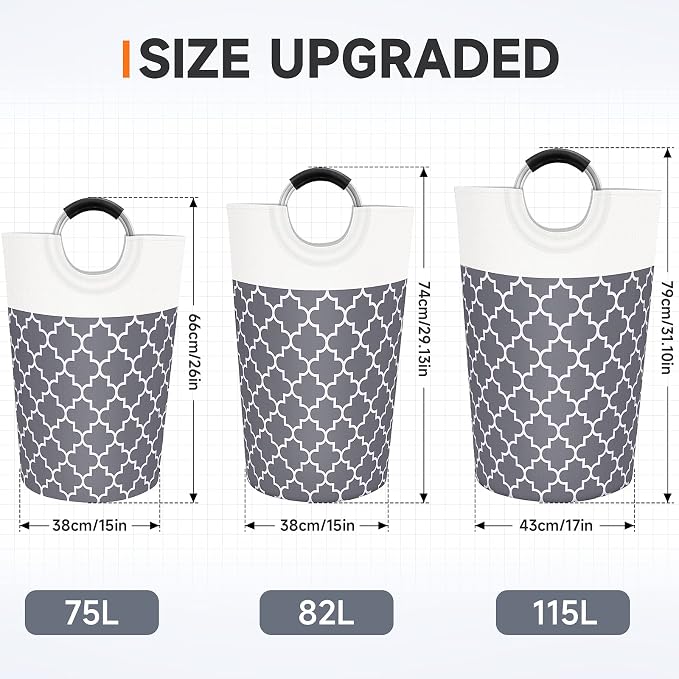 Large Laundry Basket 82L Tall Collapsible Hamper with Handles for Dorm Grey | Freestanding Laundry Hamper, Waterproof Dirty Clothes Storage Bag for College, Bathroom, Foldable Washing Bin for Travel
