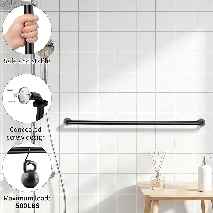 ZUEXT 2 Pack 48 Inch Extra Long Black Bathroom Grab Bars, 1.25" Diameter | Grab Bar Handle for Wall, Shower Balance Bar, Safety Hand Rail Support, for Handicap Elderly Injury Seniors, Stainless Steel