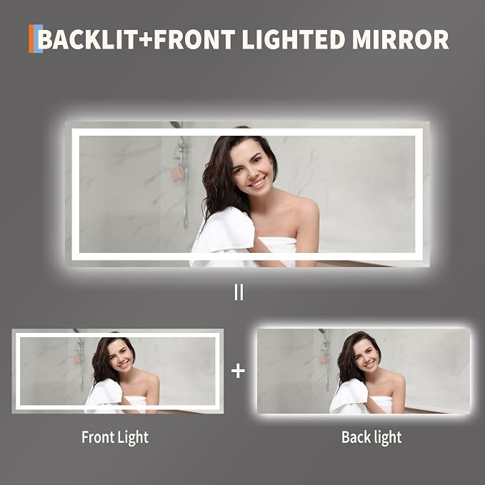 Large LED Bathroom Mirror 60x36 Inch - Frontlit & Backlit Frameless Wall Vanity Mirror with Stepless Dimming, Adjustable Color Temp, Anti-Fog Defogger, Smart Memory & 3X Suction Mirror, Sha
