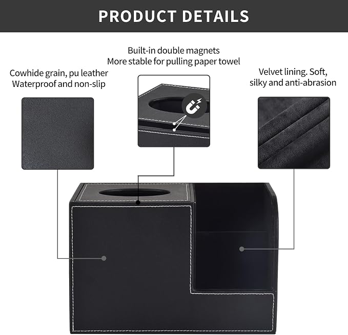 PU Leather Tissue Box Cover with Storage Square-Multifunctional Tissue Holder,Remote Control Holder,Decorative Tissues Boxes Organizer,Home Office Desktop Storage box,Black