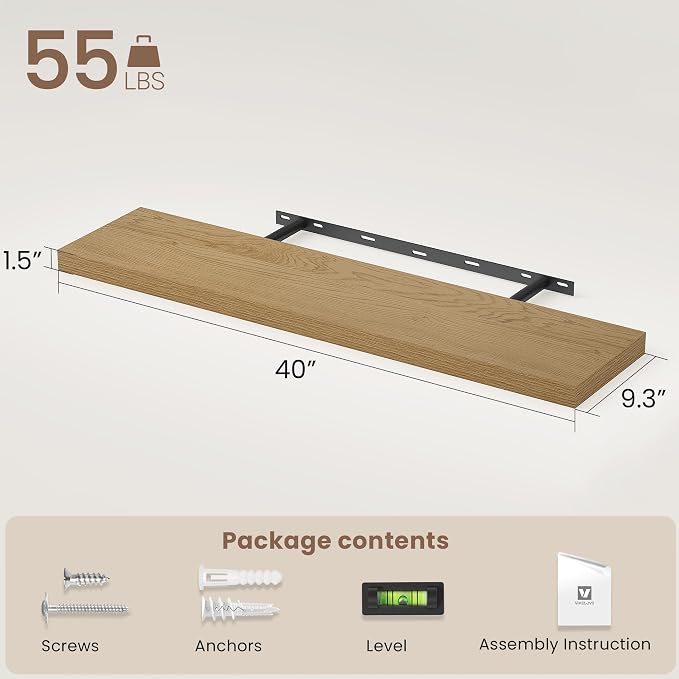 Vivelove Floating Shelves 9 inch Deep 40”Long Set of 2, Oak | Easy Install With Hardware, 1.5" Thick, Invisible Brackets, Wall Mounted, No Sagging, For Any Room