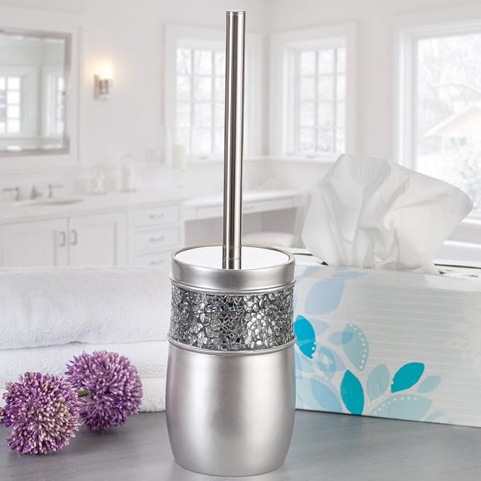 Creative Scents Crackled Glass 6 Pc. Silver Resin Bathroom Accessories Set | Includes Toilet Brush and Holder, Tissue Box Cover, Soap Dispenser, Toothbrush Holder, Tumbler Cup & Soap Dish