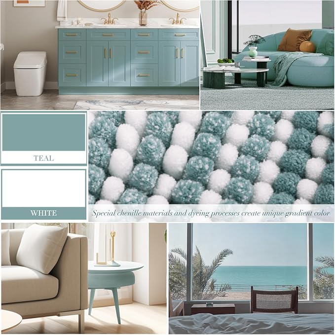 Bathroom Rugs and Mats Sets, 2 Piece Thick Absorbent Chenille Bath Mat Rug Set Non Slip, Soft Shaggy Bath Room Floor Mats for Bathroom, Machine Washable (Sea Green, 20" x 60" Plus 20" x 32")