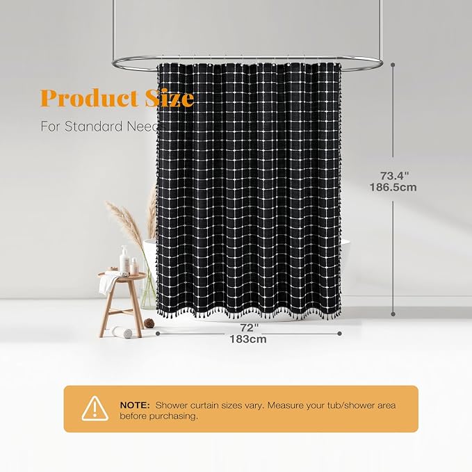 Black and White Boho Farmhouse Linen Heavy Duty Shower Curtain, 72x72 | 330GSM Linen Blend, Classic Plaid, 3-side Tassels, Water Repellent Fabric, 12 Plastic Hook, Rustic Bohemian, Machine Washable