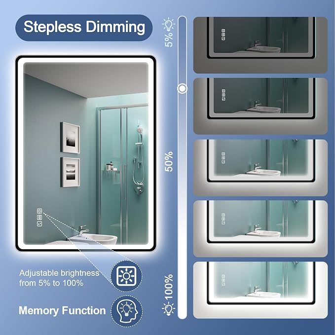 STARLEAD 24"x32" Black Frameless LED Bathroom Mirror with Bluetooth Speaker, 3 Color Temperature, Stepless Dimming, Anti-Fog, Touch Control, Wall-Mounted Vanity Mirror, Vertical or Horizontal