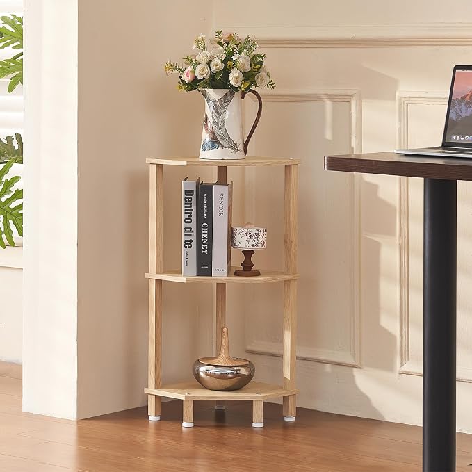 YUFAM 3-Tier Corner Shelf, Natural | Wooden Small Corner Table with Sturdy 5-Leg Base, Wooden Corner Bookshelf for Adjustable Base for Bathroom