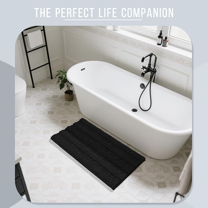 Yimobra Bathroom Rug Mat 44 x 24, Non Slip and Super Absorbent Bath Mat,Machine Washable Quick Dry,Ultra Plush Chenille Shower Rugs for Bathroom Floor Sink Tub and Shower Outside,Black