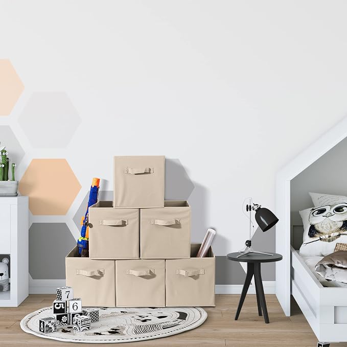 Sorbus Foldable Storage Cubes - 6 Fabric Baskets for Organizing Pantry, Closet, Shelf, Nursery, Playroom, Toy Box - 11 Inch Dual Handle Collapsible Closet Organizers and Storage Bins (Beige)