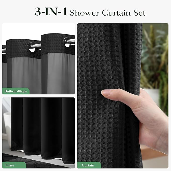 Black Hook Free Waffle Shower Curtain & Snap-in Fabric Liner,72x87 | Less Time to install, 3 in 1 Fabric Shower Curtain and Liner Set with Magnets, Extra Long, Shower Curtains for Bathroom