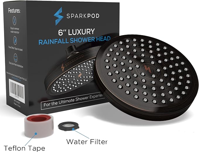SparkPod Rain Shower Head, 6 Inch Round, Vintage Oil-Rubbed Bronze Finish | High Pressure Shower Heads, 90 Nozzles, Adjustable Showerhead, No Tools Needed, Universal Connection