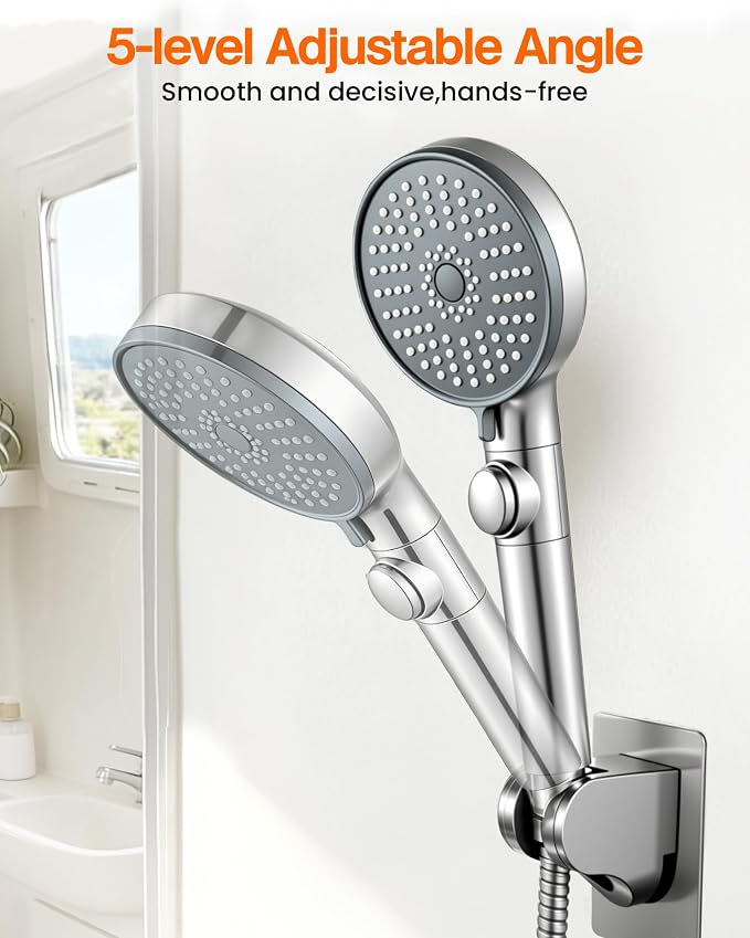 RV Shower Head with Hose, High Pressure Handheld RV Shower Head Replacement with On Off Switch,5 Modes,Power Jet, Camper Showerhead for RV, Travel Trailer, Motorhome,Boat,Silver
