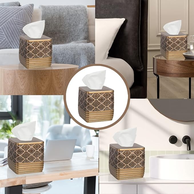 Resin Tissue Box Cover for Modern Home Decor - Minimalist Square Tissue Box Holder for Guest Room, Bedroom, Bathroom, Tabletop & Office - Durable and Aesthetic Tissue Holder, Spindle