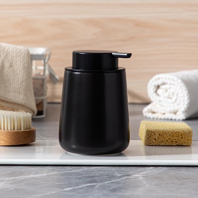 Enra Black Foaming Soap Dispenser, Ceramic Foam Soap Dispenser Bathroom | 12oz Refillable Design With Easy-Press Pump.Sleek Finish Adds Style to Sinks,Countertops Kitchens and Modern Interiors.