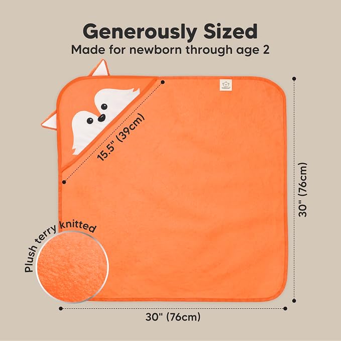 KeaBabies Hooded Baby Towel for Newborn, Baby Bath Towels (Fox, 30x30) | Viscose Derived from Bamboo, Large Baby Towels with Hood, Boys, Girls, Toddler, Soft Absorbent Baby Bath Essentials