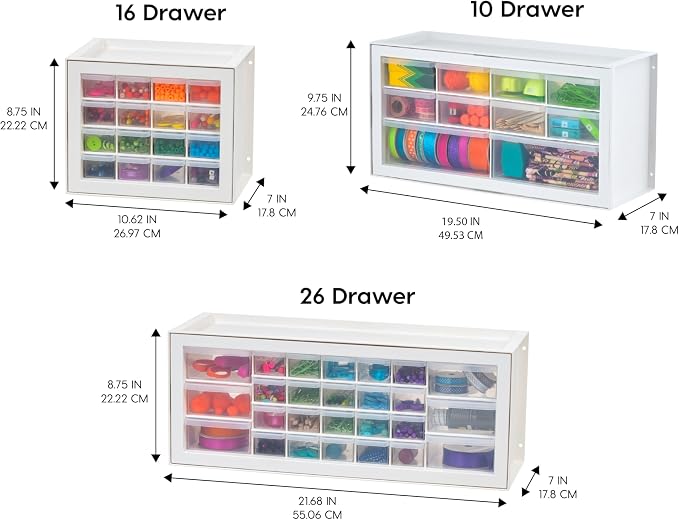 IRIS USA 10-Drawer Organizer, 2 Pack, Makeup Tool Craft Storage, White | Wall mountable, Stackable Teacher Toolbox, Beads, Building Bricks, Water Packets, Screws, Hardware