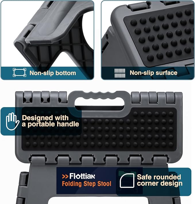 Flottian 16" Folding Step Stool for Adults and Kids Holds Up to 300 lbs,Non-Slip Folding Stools with Handle, Compact Plastic Foldable Step Stool for Bathroom,Bedroom, Kitchen, Gray,1PC