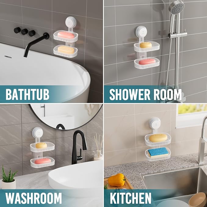 TAILI Soap Holder, Soap Dish for Shower Suction Cup, Bar Soap Holder, Clear | 2 Layer Removable Soap Holder Shower, Soap Tray for Shower Wall, Drill Free Sponge Holder, Bathroom & Kitchen, No drill