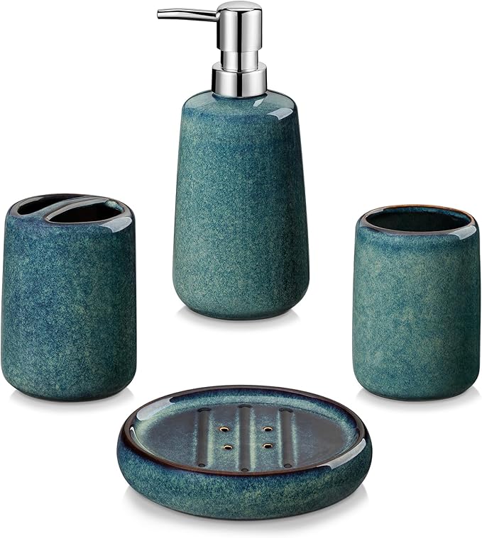 vancasso Green Bathroom Accessories Set, Ceramic Soap Dispenser and Toothbrush Holder Sets, Stoneware 4 Pcs Bathroom Sink Set for Modern Home Decor, Series Starry