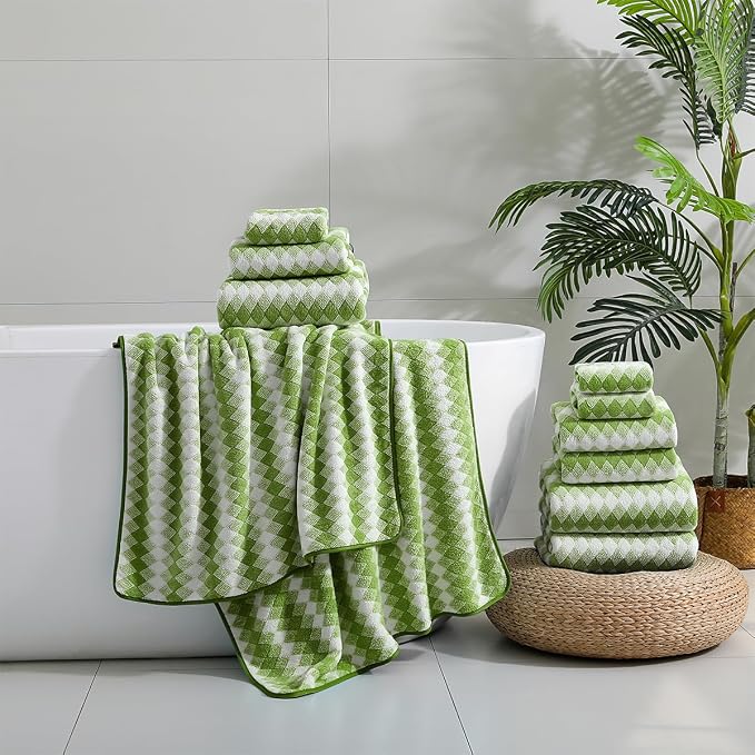 12 Pcs Dark Green White Diamond Towel Set-4 Bath Towels,4 Hand Towels,4 Washcloths Soft Polyester Bath Towel with Loop Absorbent Shower Towel Quick Dry Family Towels for Bathroom Spa Gym