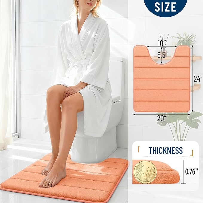 OLANLY Memory Foam Toilet Rugs U Shaped 24x20, Super Soft and Absorbent | Peach, Quick Dry Commode Contour Bath Rugs, Machine Washable Toilet Mat, Comfortable Bathmat Carpet for Bathroom Floor