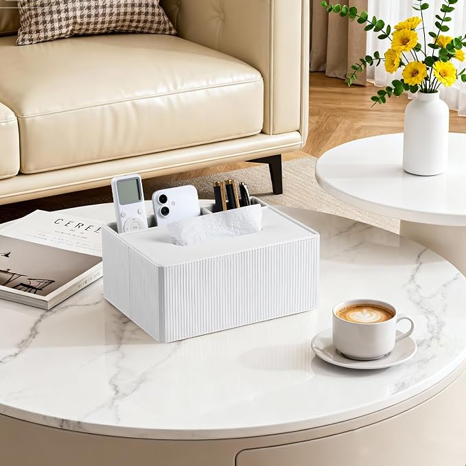 Tissue Box Cover Rectangle PU Leather Tissue Box Holder Rectangular (Ivory) | 2 Storage Compartments, Soft Velvet Lining, Aesthetic Stripes, For 120(3-Ply)/160(2-Ply) Tissue Box