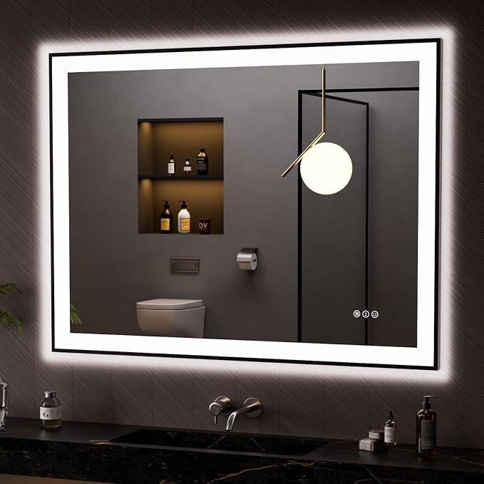 LOAAO 48"X36" LED Bathroom Mirror Black Framed | Anti-Fog, Dimmable, Memory Function, Tempered Glass, Lighted Vanity Mirror for Wall
