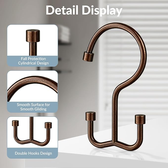 OEH Shower Curtain Hooks, 12 Pcs Shower Curtain Rings, Durable Shower Curtain Hooks Rust Proof, Shower Rings for Curtain, Free Sliding Anti-Drop Double Shower Hooks for Shower Curtain Rod, Bronze