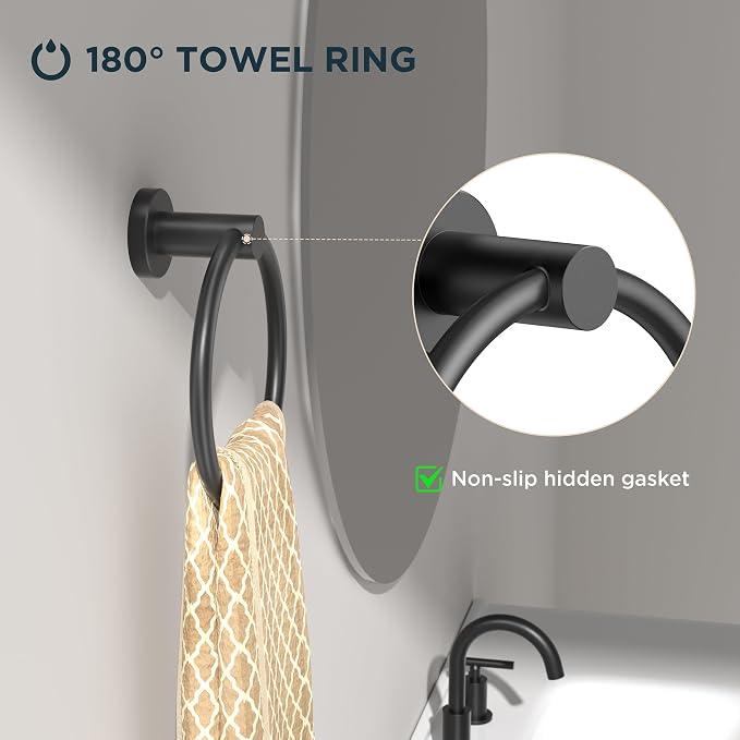FORIOUS Bathroom Accessories Set, 4-Piece Bathroom Hardware Set | Matte Black | SUS304 Stainless Steel Towel Ring, 2 Towel Hooks, and Toilet Paper Holder Wall Mounted