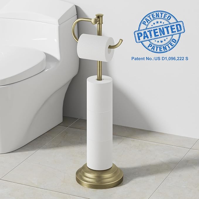 RUMOSE Toilet Paper Holder Stand for Floor Free Standing, Antique Brass | Bathroom Freestanding Toilet Tissue Roll Holder with Storage, Adjustable 17-25 Inch, Rustproof, SUS304 Stainless Steel
