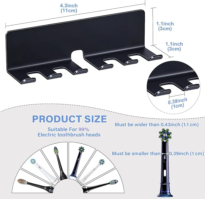 Electric Toothbrush Head Holder, Toothbrush Holders Wall Mounted, Electric Toothbrushs Holder, Bathroom Shower Tooth Brushing Holder, Tooth Brush Head Holder Organiser (Black, Large)