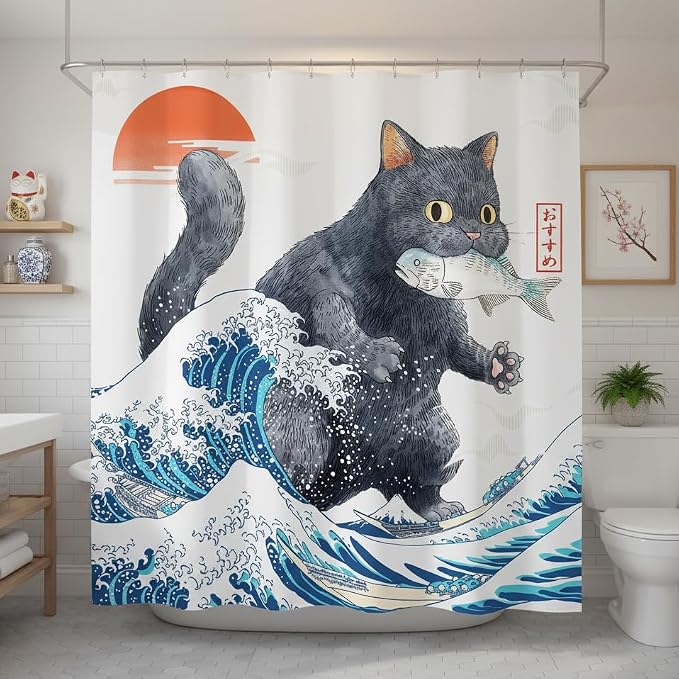 Accnicc Funny Black Cat Eating Fish Shower Curtain for Bathroom 72X72 Inch | Fun Cool Cat Shower Curtains, Japanese Ocean Wave Kids Bath Curtain Decor, Water-Resistant Washable Polyester Fabric