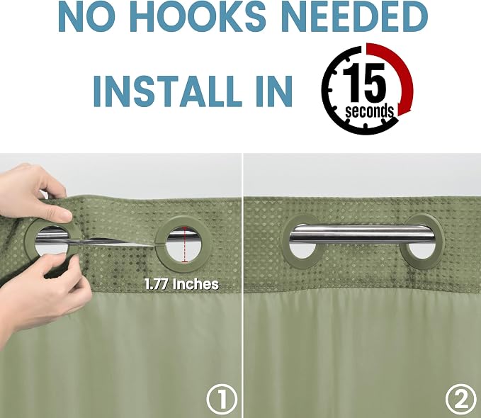 Heavyweight Waffle No Hook Shower Curtain with Liner, 71x74, Sage Green | Snap in Liner, 256GSM, Thick, Hotel Luxury Spa, Waterproof Fabric, Corner Magnets, 3 in 1 Set, Washable, Hang in Seconds