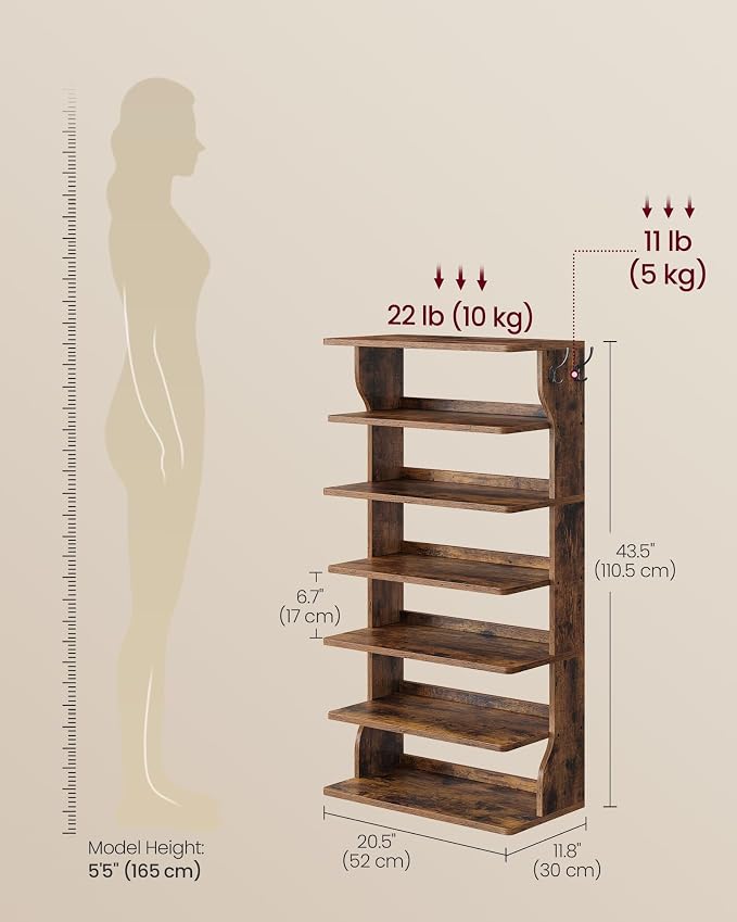 VASAGLE 7-Tier Vertical Shoe Rack, Narrow Shoe Storage Organizer with Hooks | Slim Corner Tower Shelf, Space Saving for Entryway and Bedroom, Rustic Brown, ISLAND Collection ULBS220KD01