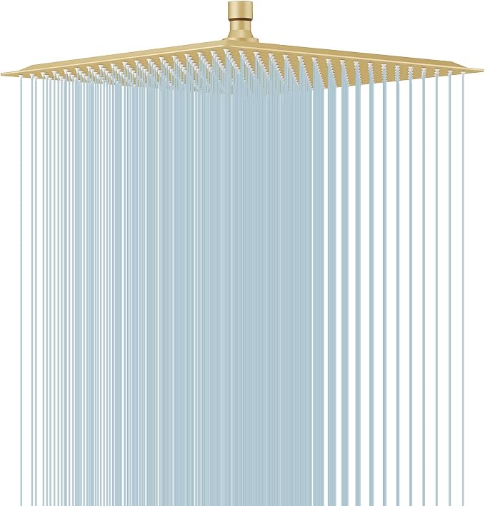 16 In Rain Shower Head High Pressure Rainfall Shower Head Brushed Gold | Square Rain Bathroom Showerhead, High Flow, Large Stainless Steel, Ceiling Mounted, Wall Mounted, Waterfall Full Body