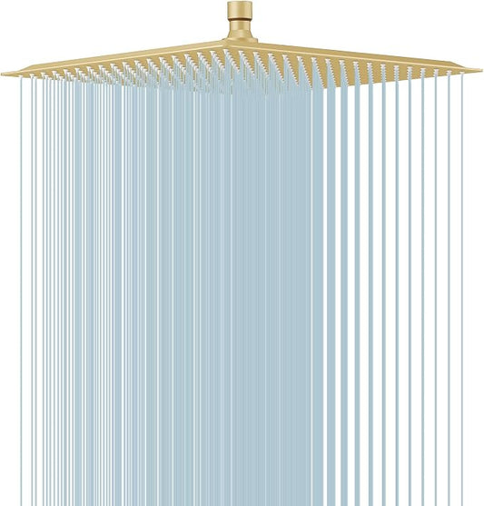 16 In Rain Shower Head High Pressure Rainfall Shower Head Brushed Gold | Square Rain Bathroom Showerhead, High Flow, Large Stainless Steel, Ceiling Mounted, Wall Mounted, Waterfall Full Body