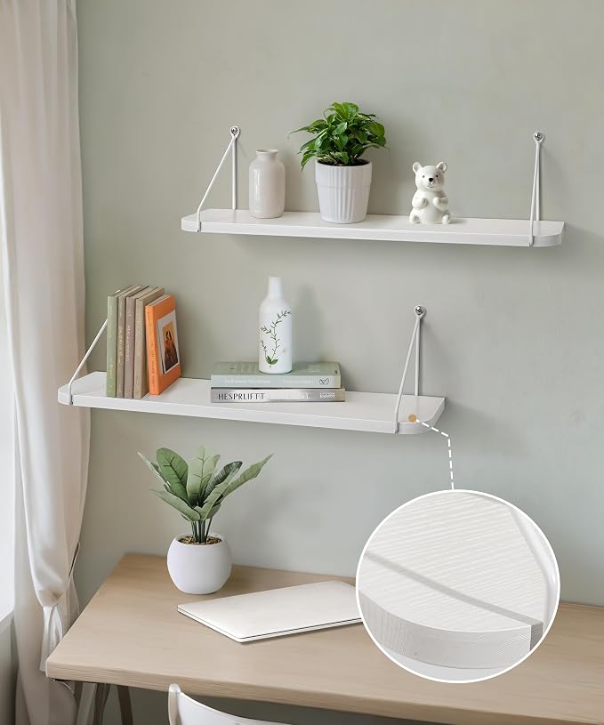 Afuly White Floating Shelves for Wall, 24in Shelf with Brackets, Set of 2 | Long Hanging Bookshelf, Plants Photos Display, Organizer Modern, for Bathroom, Kitchen, Living Room, Bedroom, Home Decor
