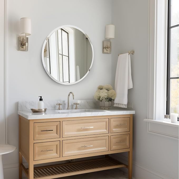 Frameless Round Bathroom Mirror 24" | Circle Vanity Mirror for Wall Decor, with Beveled Edge, for Bathroom, Living Room, Entryway, Modern & Elegant Look