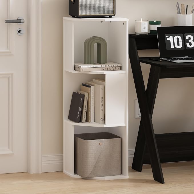Furinno ECON Corner Shelf, 3-Tier Corner Book Shelf, Standing Storage Shelves, Cube Display Rack, Bookshelf, for Organization and Storage, Living Room, Home Office, White