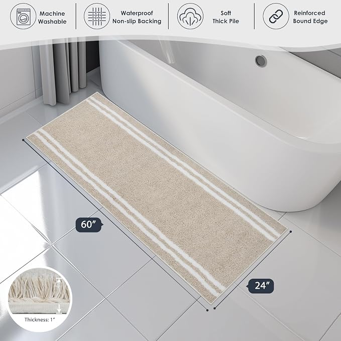 PURRUGS Bathroom Runner Rug, Bath Mat, 24" x 60", Beige | Machine Washable, Non-Slip, Waterproof TPR Backing, Super Absorbent, Quick Dry, Bath Rug for Shower, Bathtub, and Sink